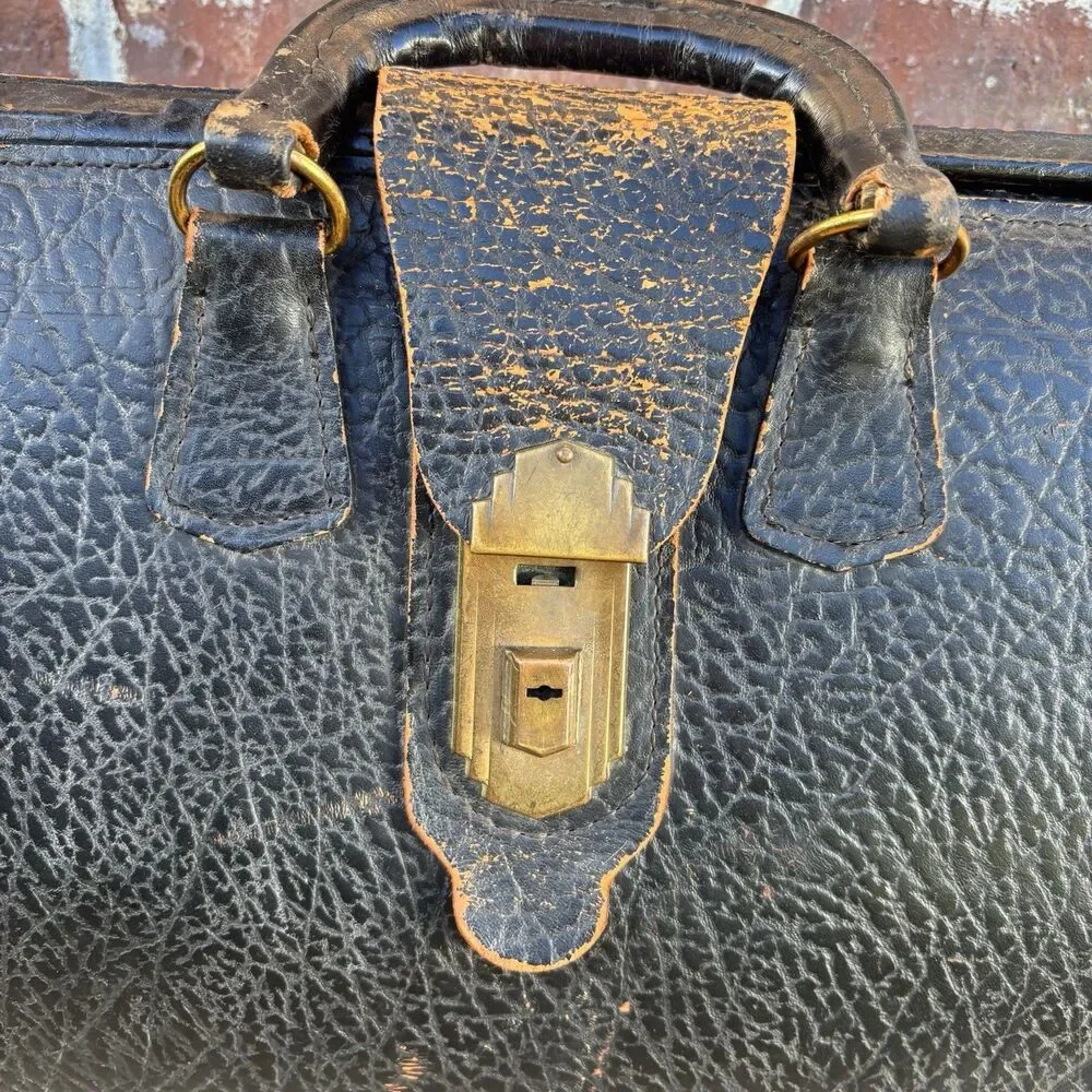 Antique Doctor Bag Physicians Black Pebble Grain Leather Art Deco Brass MCM Vtg